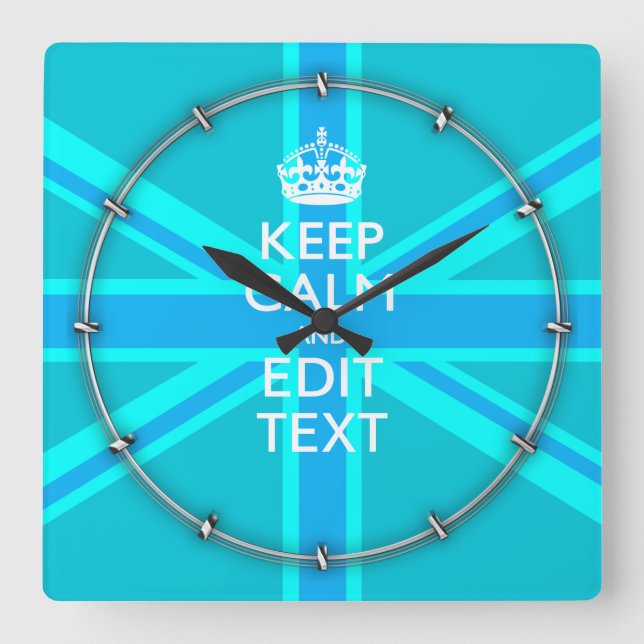 Blue Aqua Keep Calm And Your Text Union Jack Square Wall Clock (Front)