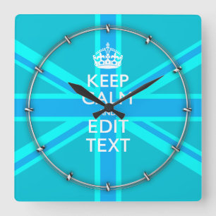 Blue Aqua Keep Calm And Your Text Union Jack Square Wall Clock