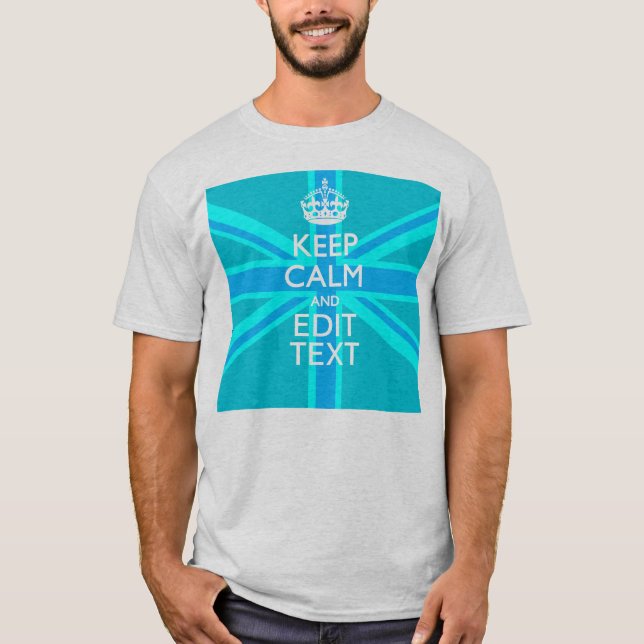 Blue Aqua Keep Calm And Your Text Union Jack T-Shirt (Front)