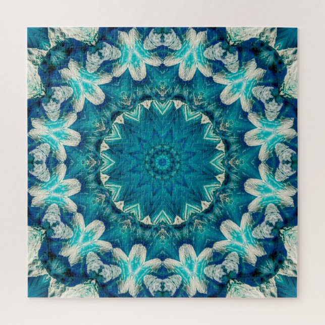 Blue Aqua Mandala Rosette Retro Hippie Jigsaw Puzzle (Vertical)