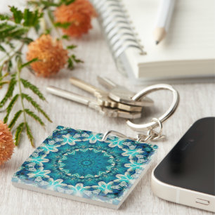 Blue Aqua Mandala Rosette Retro Hippie Key Ring