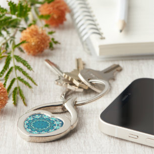 Blue Aqua Mandala Rosette Retro Hippie Key Ring