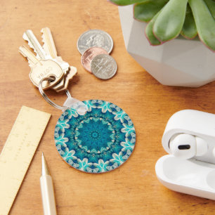 Blue Aqua Mandala Rosette Retro Hippie Key Ring