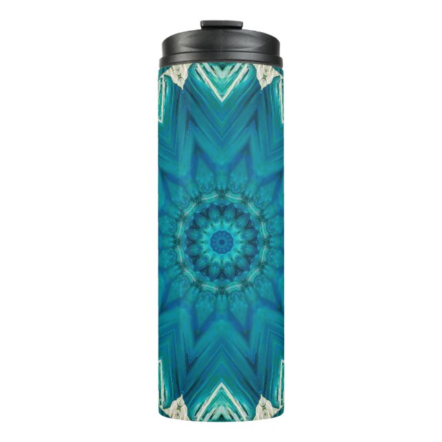 Blue Aqua Mandala Rosette Retro Hippie Thermal Tumbler (Front)
