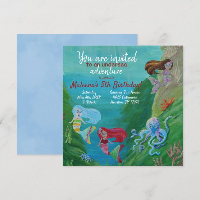 Blue, Aqua Mermaids, Octopus Birthday Invitation (Front/Back)