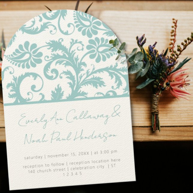 Blue Aqua Mint Green Victorian Damask Wedding Invitation (Creator Uploaded)
