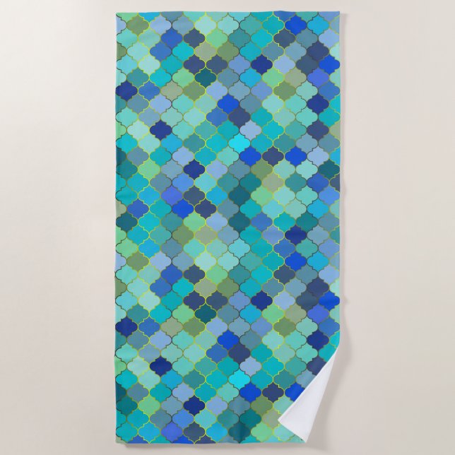 Blue Aqua Moroccan Mosaic Pattern Beach Towel (Front)
