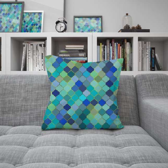 Blue Aqua Moroccan Mosaic Pattern Cushion (Blue Aqua Moroccan Mosaic Pattern Throw Pillow by Looly Elzayat)