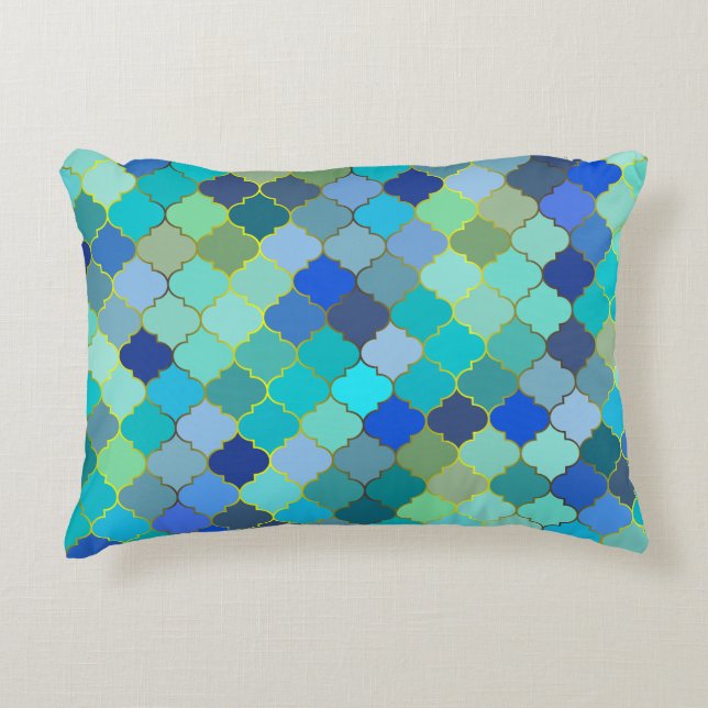 Blue Aqua Moroccan Mosaic Pattern Decorative Cushion (Front)