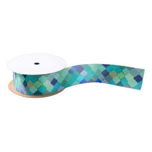 Blue Aqua Moroccan Mosaic Pattern Satin Ribbon