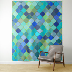 Blue Aqua Moroccan Mosaic Pattern Tapestry