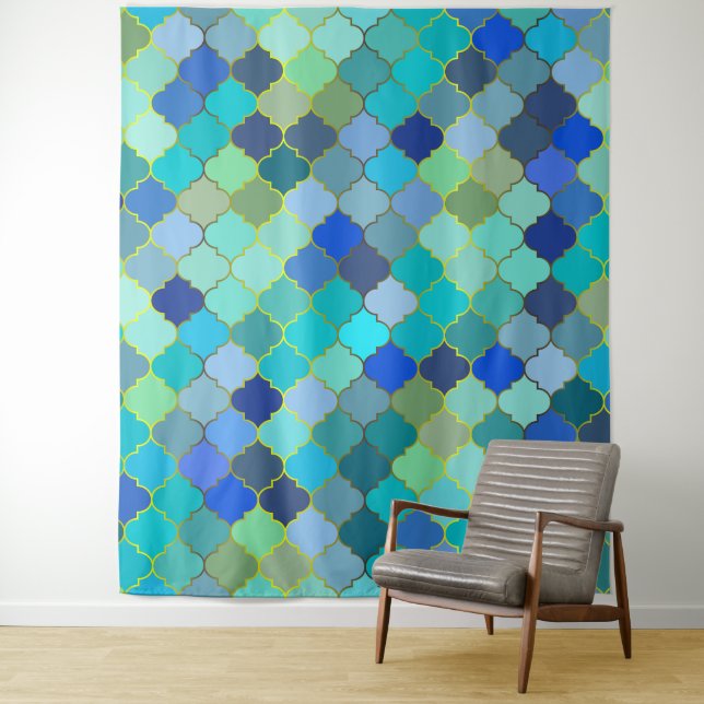 Blue Aqua Moroccan Mosaic Pattern Tapestry (In Situ)
