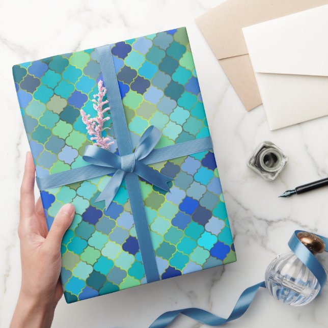 Blue Aqua Moroccan Mosaic Pattern Wrapping Paper (Gifting)