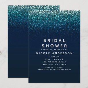 Blue Aqua Navy Glitter Sparkle Bridal Shower Invitation