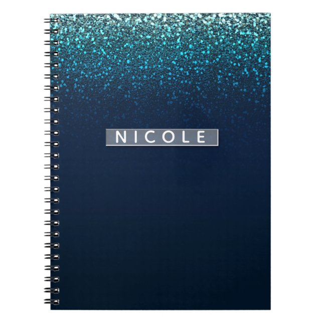 Blue Aqua Navy Glitter Sparkle Modern Girly Glam Notebook (Front)