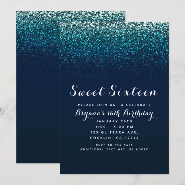 Blue Aqua Navy Glitter Sparkle Sweet 16 Party Invitation (Front/Back)
