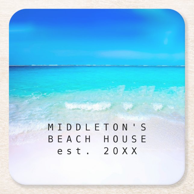 Blue Aqua Ocean Sea Beach Coastal  Personal Family Square Paper Coaster (Front)