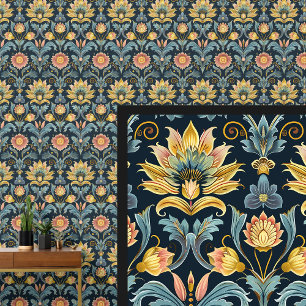 Blue Aqua Pink Gold Brown Art Nouveau  Wallpaper