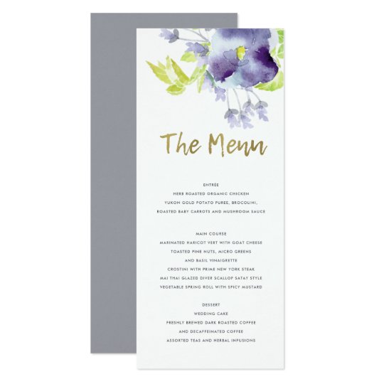 BLUE AQUA PURPLE INK WATERCOLOUR FLORAL MENU CARD