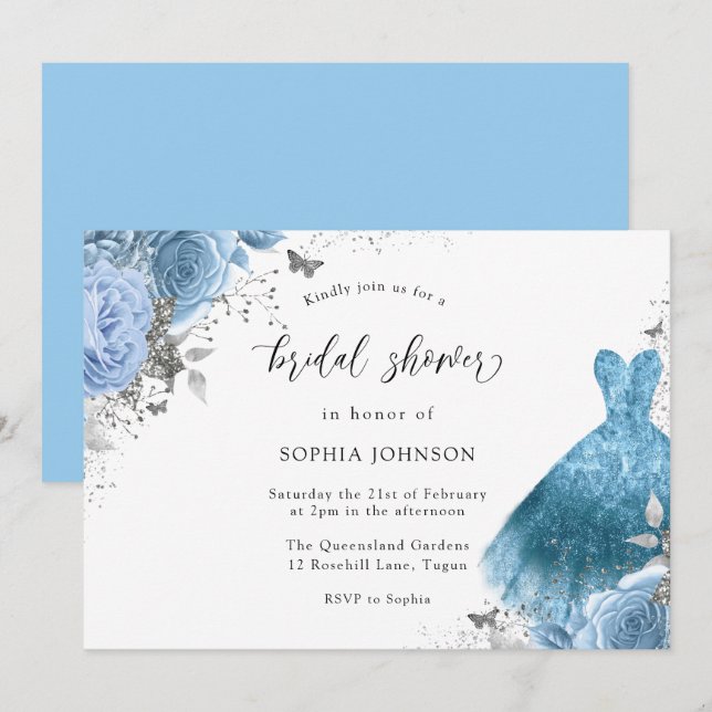 Blue Aqua Silver Dress & Flowers Bridal Shower Invitation (Front/Back)