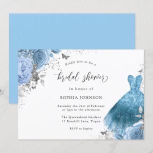 Blue Aqua Silver Dress & Flowers Bridal Shower Invitation