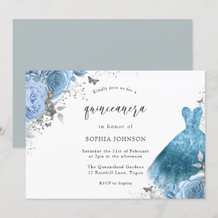 Blue Aqua Silver Dress & Flowers Quinceanera Invitation
