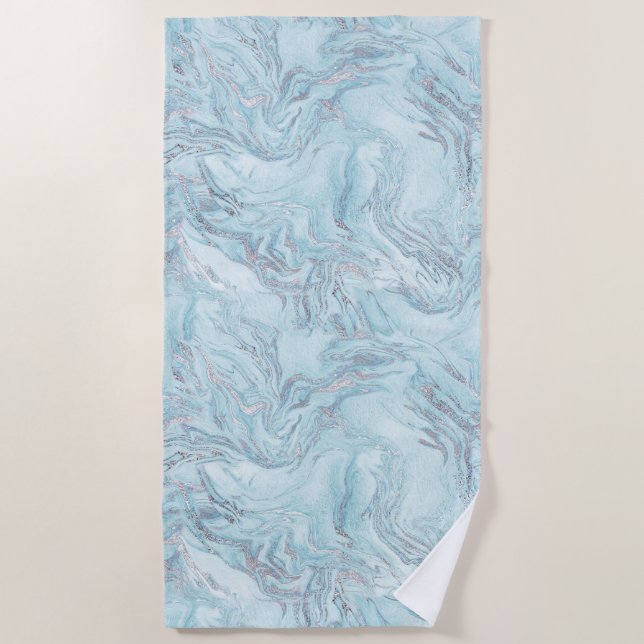 Blue Aqua Silver Marble Beach Towel (Front)