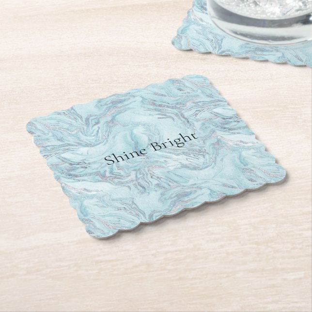 Blue Aqua Silver Marble Paper Coaster (Angled)