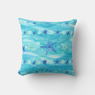 Blue Aqua Starfish Seashell Ocean Waves Coastal Cushion