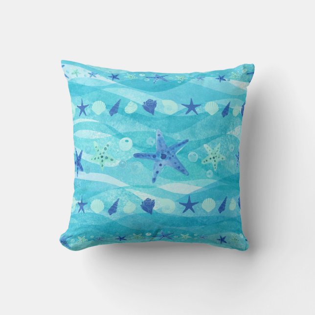 Blue Aqua Starfish Seashell Ocean Waves Coastal  Cushion (Front)