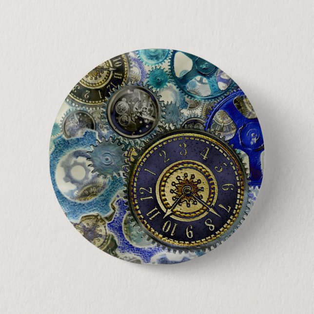 Blue aqua steampunk gears, cogs, clock faces print 6 cm round badge (Front)