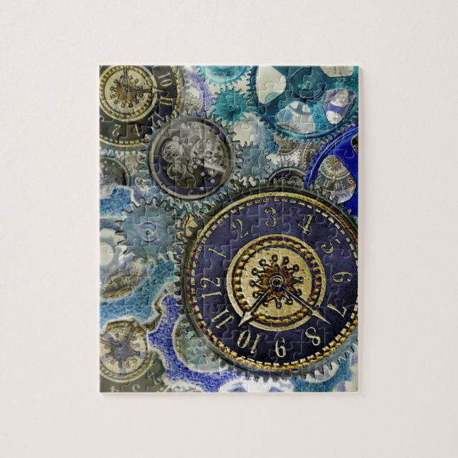 Blue aqua steampunk gears, cogs, clock faces print jigsaw puzzle (Vertical)