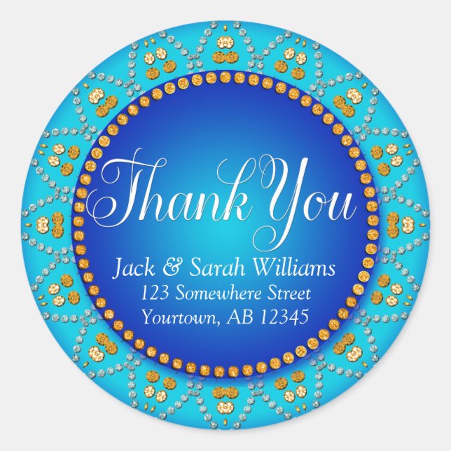 Blue Aqua Sun Wedding Favour Thank You Sticker (Front)