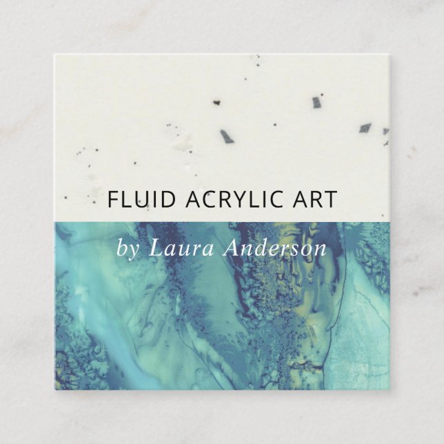 BLUE AQUA TEAL FLUID ACRYLIC RESIN ART ARTIST SQUARE BUSINESS CARD (Front)