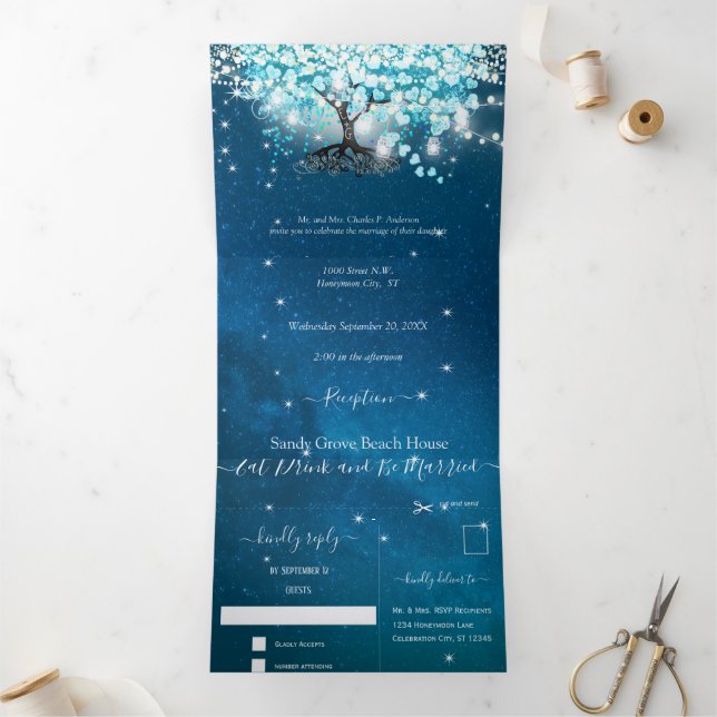 Blue Aqua Turquoise Heart Leaf Tree Wedding  Tri-F Tri-Fold Invitation (Inside)
