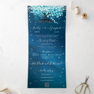 Blue Aqua Turquoise Heart Leaf Tree Wedding Tri-Fold Invitation