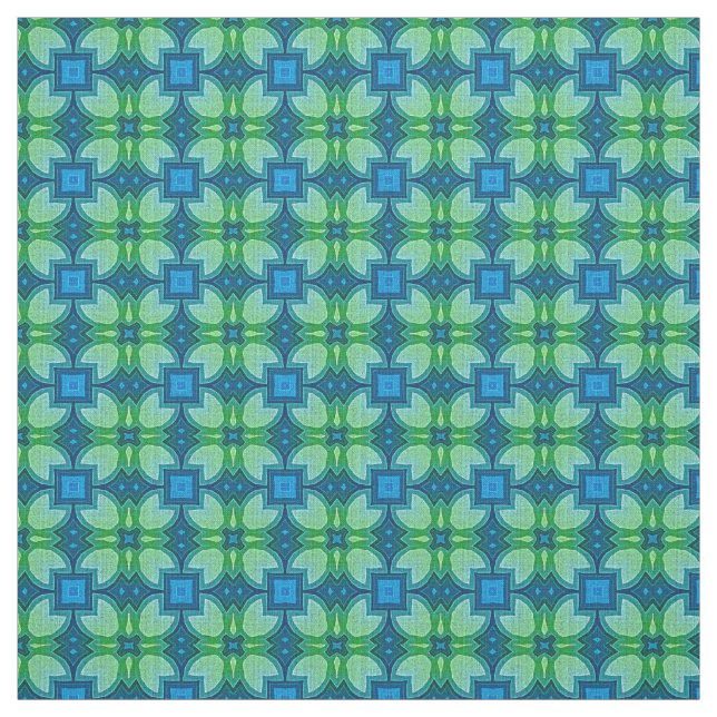 Blue Aqua Turquoise Lime Green Bali Batik Pattern Fabric (Swatch)