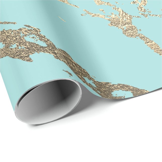 Blue Aqua Water Gold Marble Shiny Glam Wrapping Paper (Roll Corner)