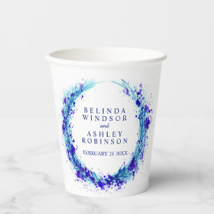 Blue aqua water splash watercolor wreath wedding paper cups