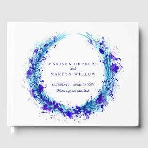 Blue aqua watercolor grass wedding guest book