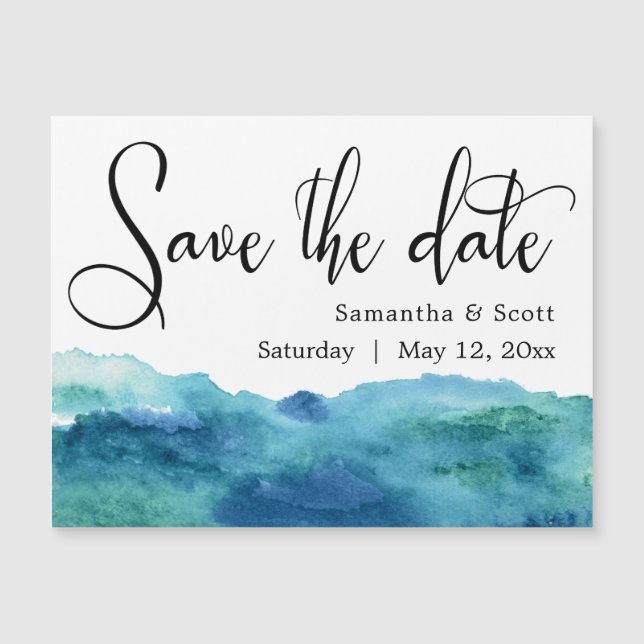 Blue & Aqua Watercolor Save the Date Magnetic Card (Front)