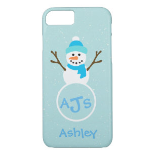 Blue Aqua White Monogram Snowman Case