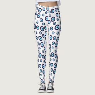 Blue Aqua White Nazar Evil Eye Circles Pattern Leggings