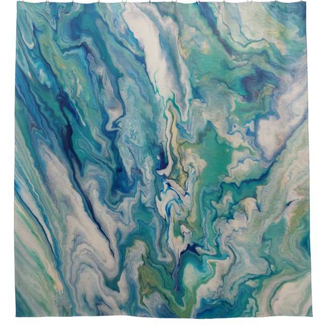 Blue, aqua, yellow modern abstract shower curtain (Front)
