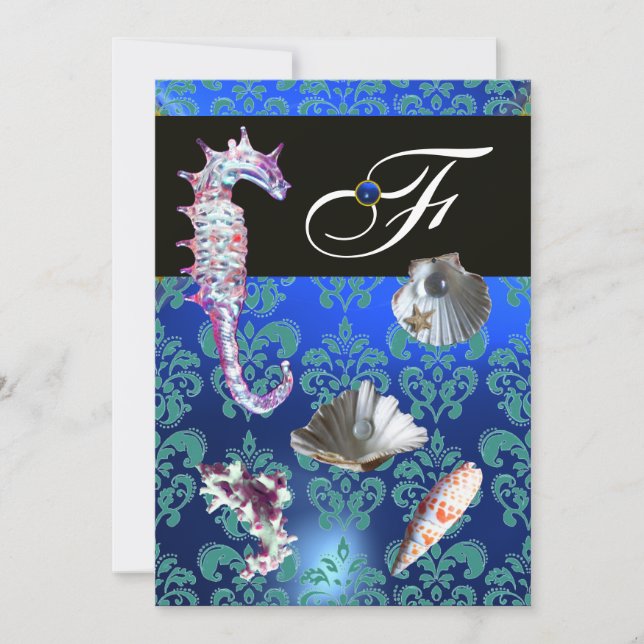 BLUE AQUAMARINE DAMASK BEACH WEDDING MONOGRAM INVITATION (Front)