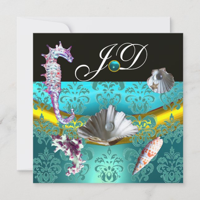 BLUE AQUAMARINE DAMASK BEACH WEDDING MONOGRAM INVITATION (Front)