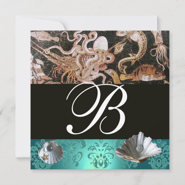 BLUE AQUAMARINE DAMASK BEACH WEDDING MONOGRAM INVITATION (Front)