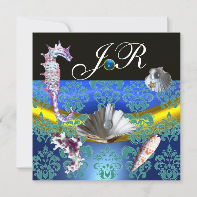 BLUE AQUAMARINE DAMASK BEACH WEDDING MONOGRAM INVITATION (Front)