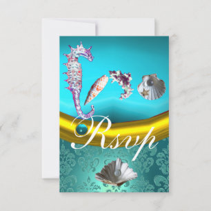 BLUE AQUAMARINE DAMASK BEACH WEDDING MONOGRAM RSVP CARD
