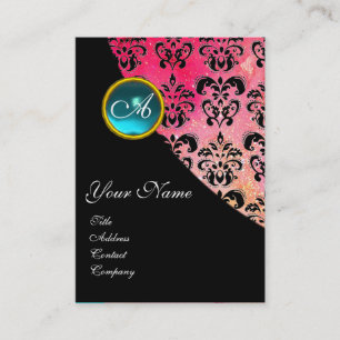 BLUE AQUAMARINE DAMASK MONOGRAM, fuchsia pink Business Card